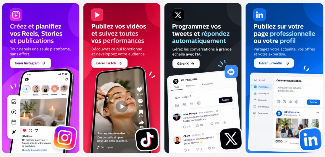 Eén platform voor Instagram, TikTok, X en LinkedIn: publicaties plannen, video's opvolgen, automatisch antwoorden en prestaties meten.