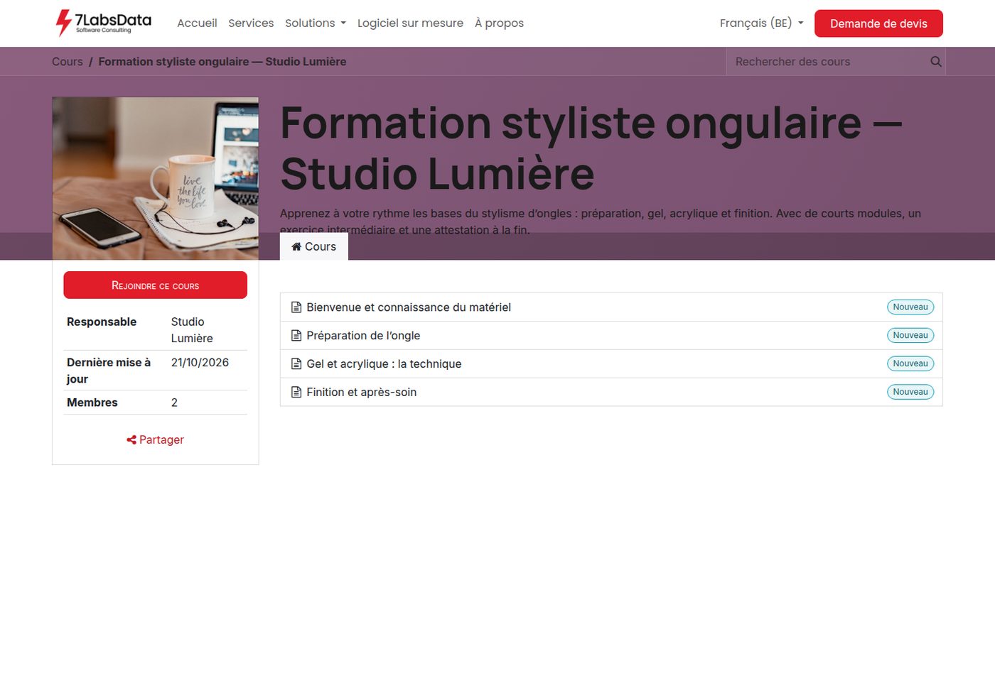 La page de cours : contenu, responsable et inscription